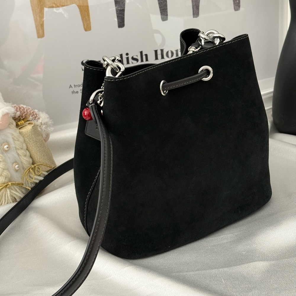 Coach Rowan Bucket Bag With Cherry Charm CCZ89 Suede/Silver/Black - Picture 3 of 9